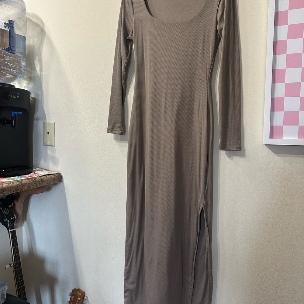Long Sleeve Taupe Ribbed Maxi Dress with Side Slit